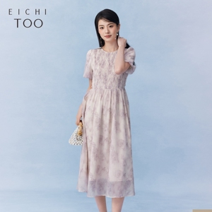 爱居兔夏季时尚印花抽褶收腰设计感短袖连衣裙