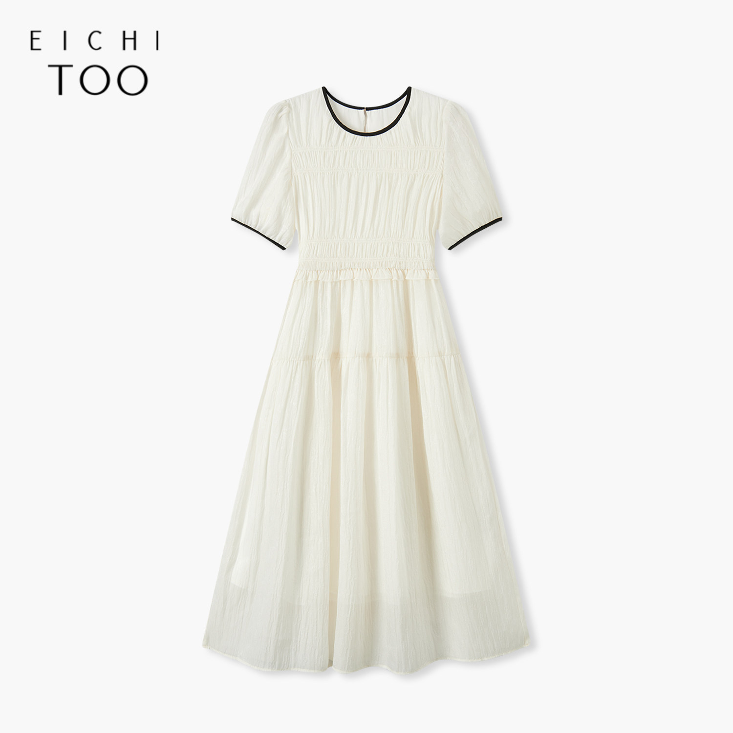 爱居兔夏季腰部抽褶木耳边设计短袖连衣裙