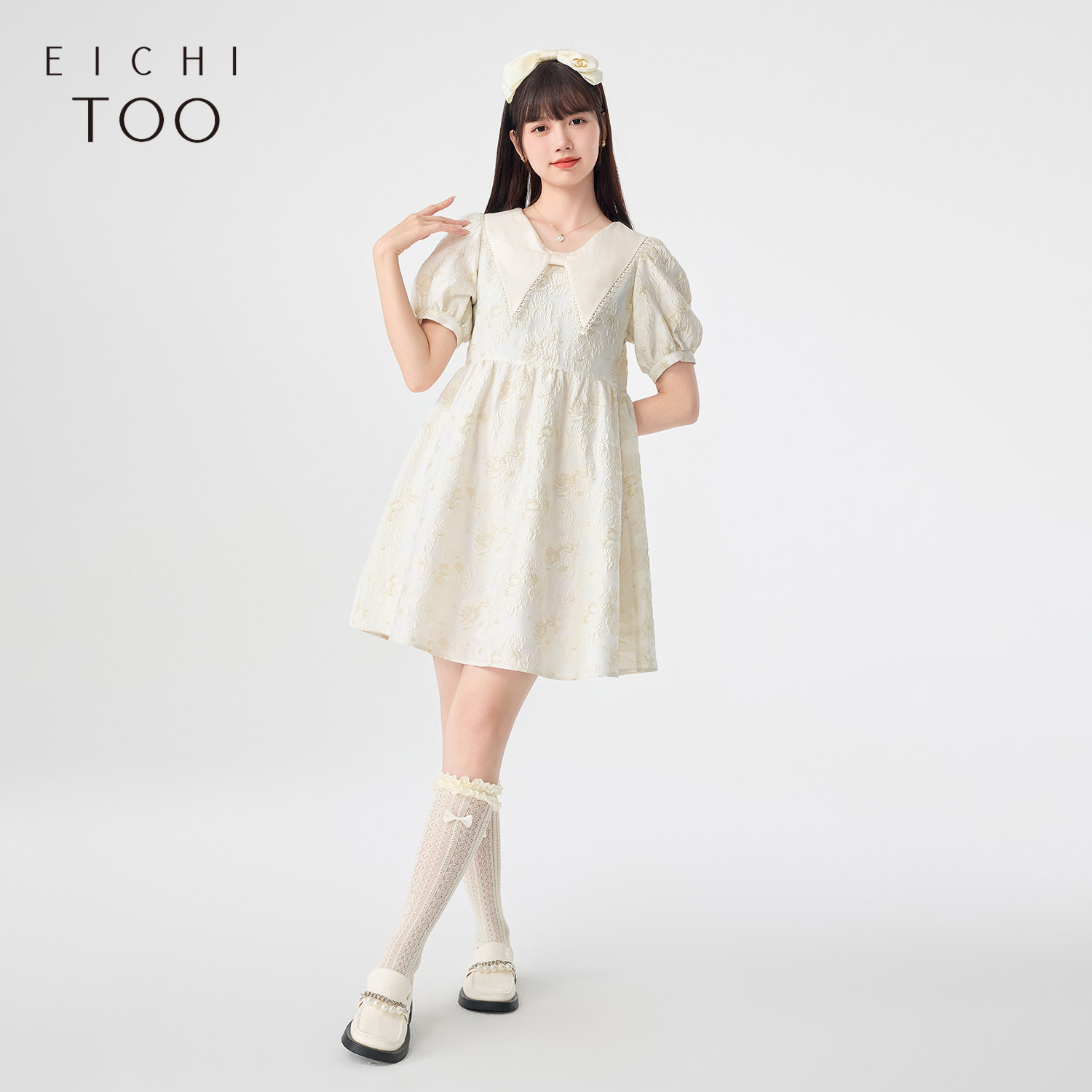 爱居兔夏季蝴蝶结设计感泡泡袖公主裙优雅短袖连衣裙