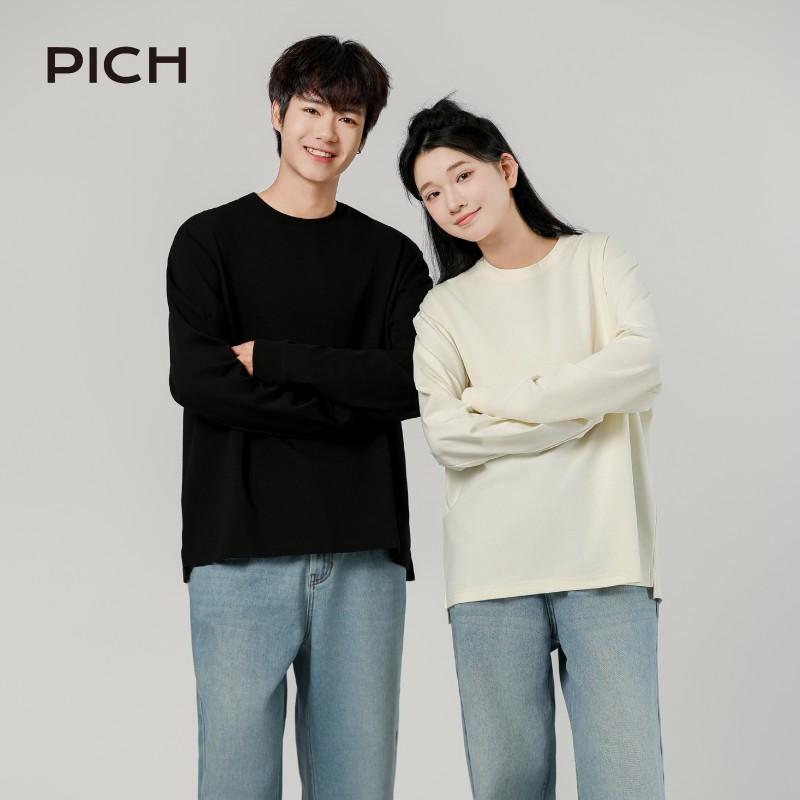 PICH 基础开衩圆领T恤男女通用情侣打底衫套头宽松纯色百搭秋季