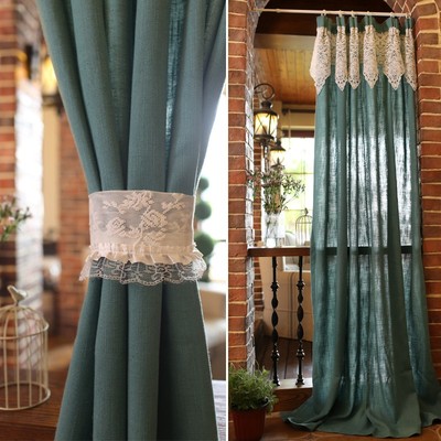 美式乡村风复古孔雀绿窗帘蕾丝门帘隔断帘特O价穿杆帘卧室棉麻窗