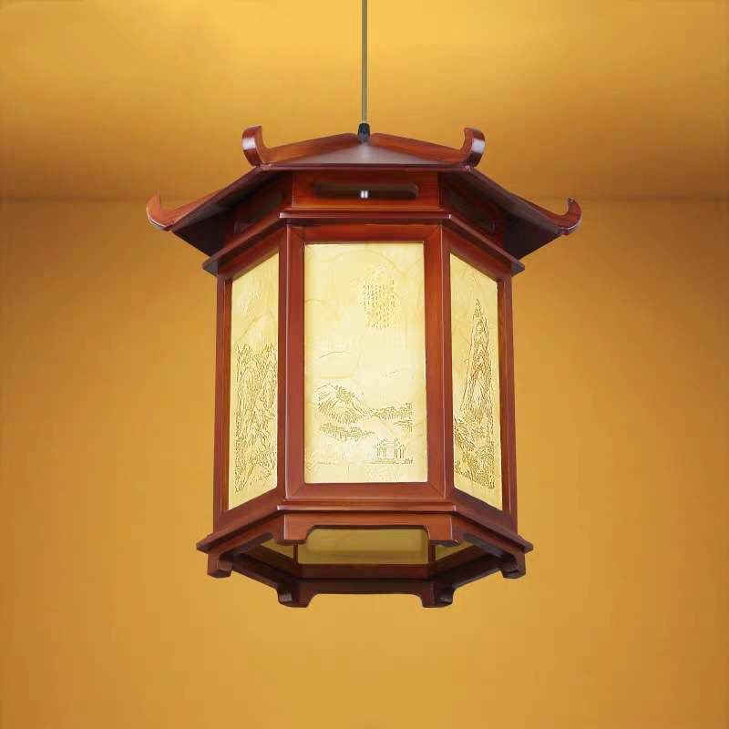 中式实木吊灯庭院走廊古风建筑灯笼饭店餐饮户外装饰木艺羊皮宫灯