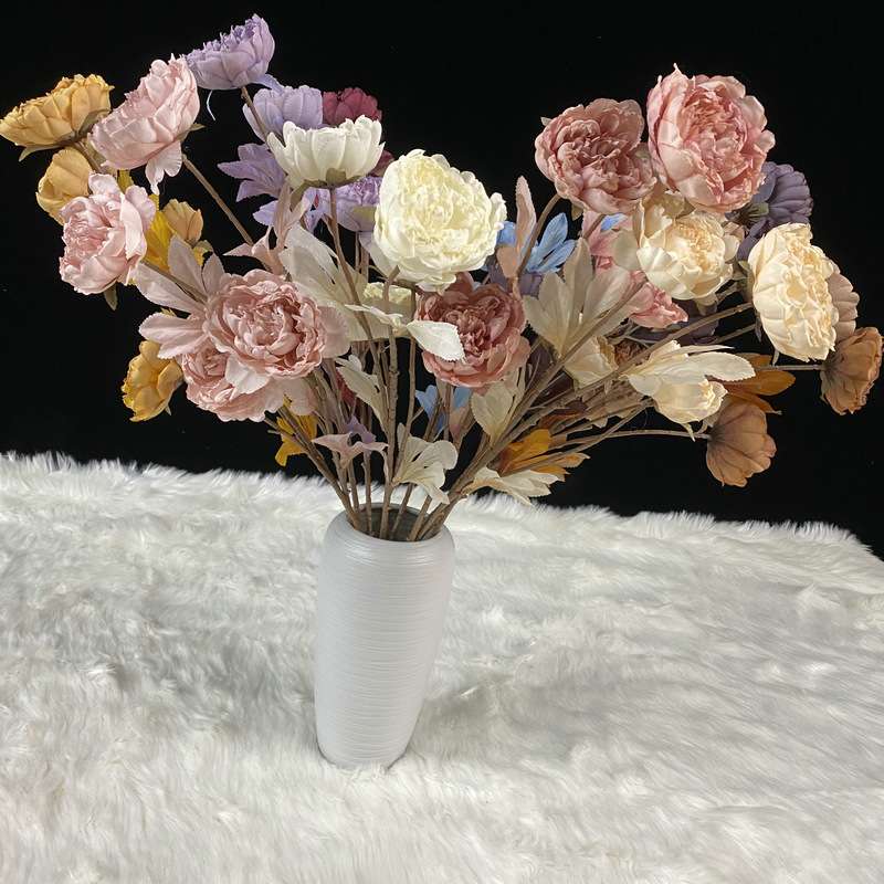 仿真四头国朝牡丹装饰假花 室内办公桌装饰盆栽绿植人造花仿真花