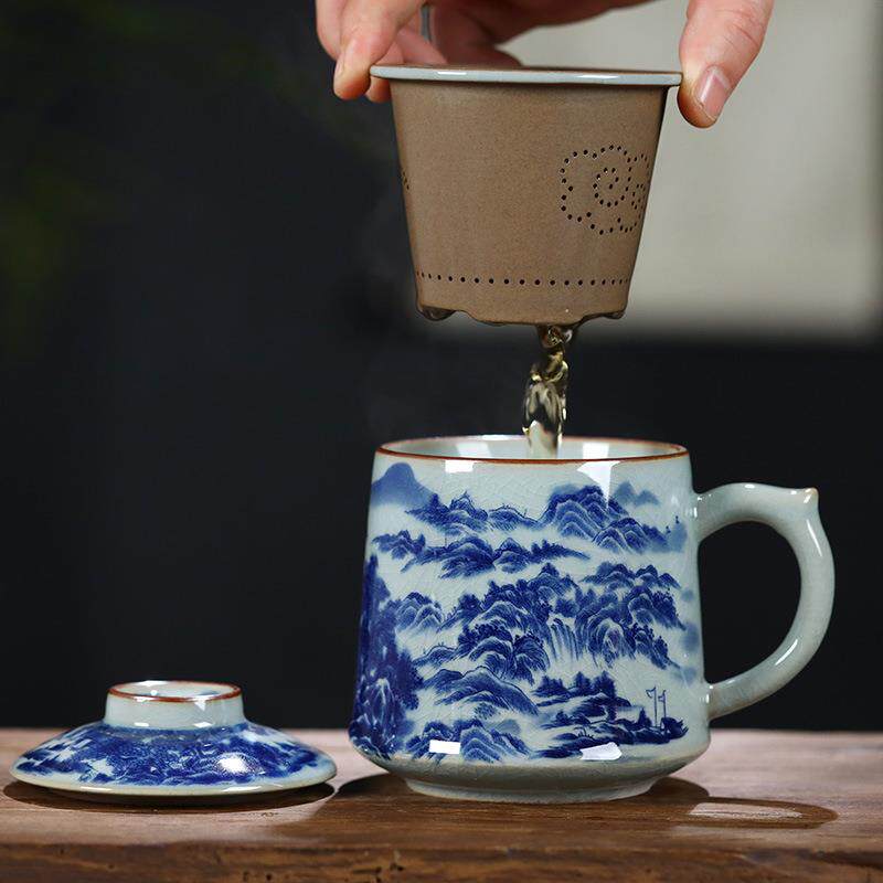 景德镇陶瓷杯茶水分离泡茶杯男士办公杯过滤水杯青花瓷杯子老陶泥