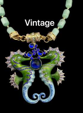 蜜南中古Vintage 珐琅工艺镶嵌捷克钻琉璃珠双海马吐泡泡磁吸吊坠