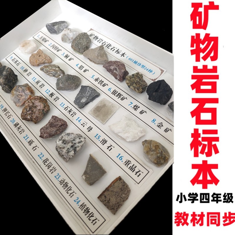 岩石与矿物标本四年级100种矿化石头盒能量自然地理质展示儿童小