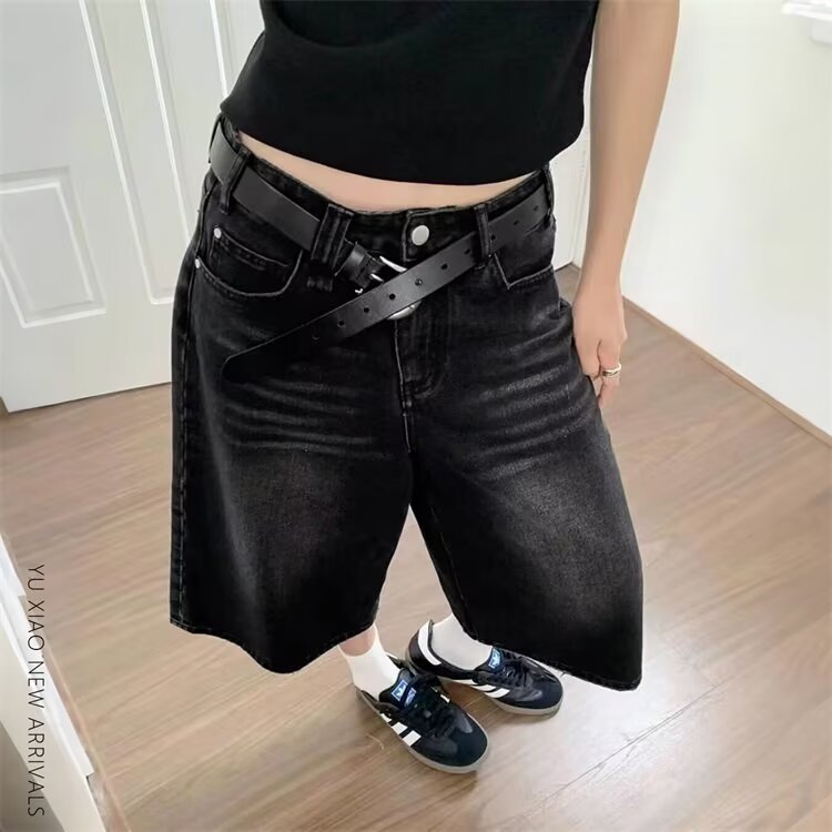 美式复古黑色直筒牛仔七分裤女夏季薄款2025新款大码五分裤短裤子
