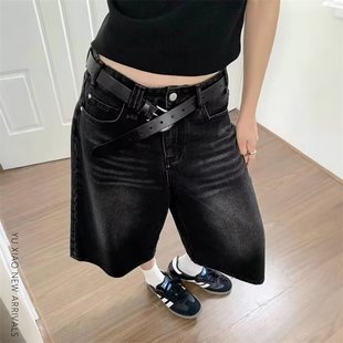 復古黑色直筒牛仔七分褲 五分褲 2025新款 大碼 薄款 短褲 美式 子 女夏季