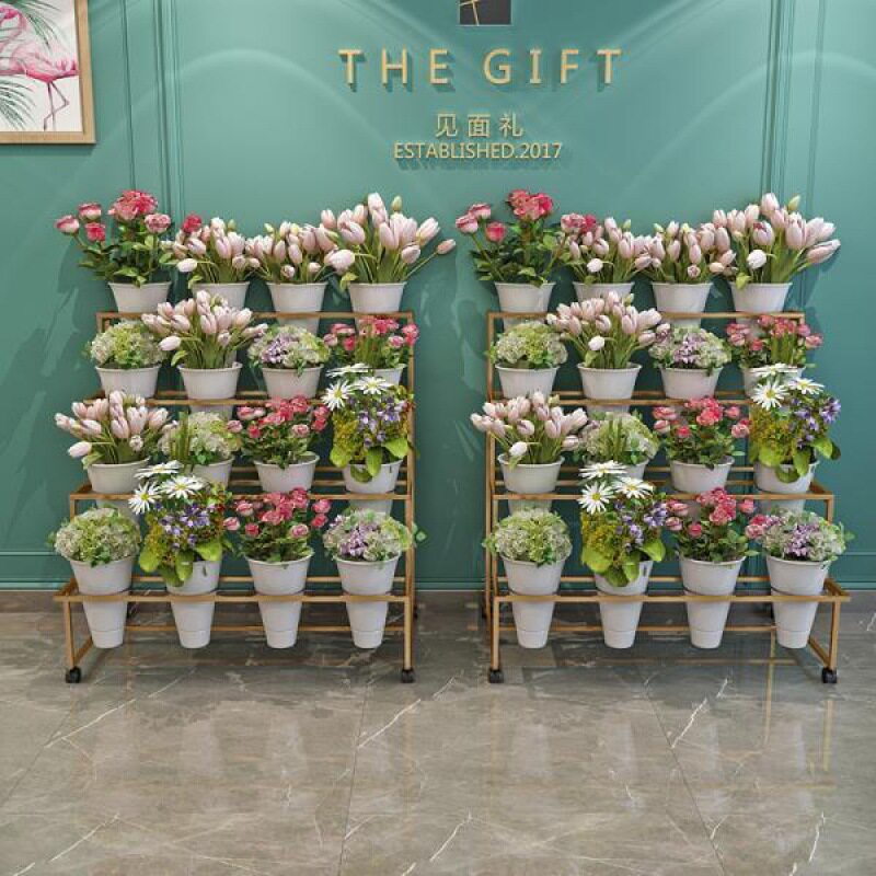 花店鲜花展示架多层阶梯花架摆花带万向轮铁艺架子花桶塑料花筒
