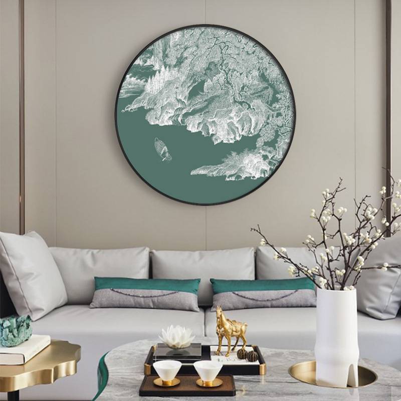 新中式禅意装饰画入户玄关圆形挂画软装样板房客厅沙发背景风景画图片