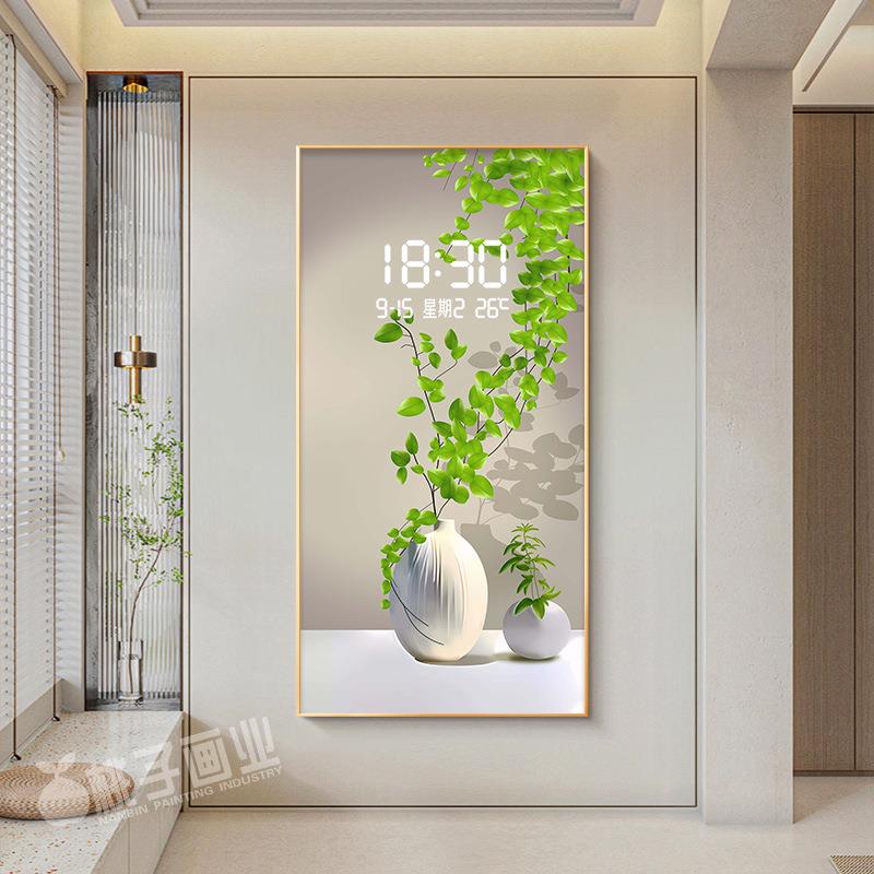 简约入户玄小关装饰画清新绿植走廊过道画挂字电XY779946子时钟表