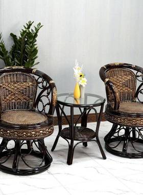 阳台茶桌椅件组合实木天然真藤背椅家具茶几三套可旋滕休RHV靠转