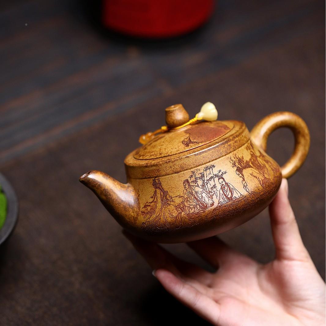 宜紫砂壶匠ZHIFU-66手工制作原矿骨金砂龙竹林七兴贤大曲人壶分销