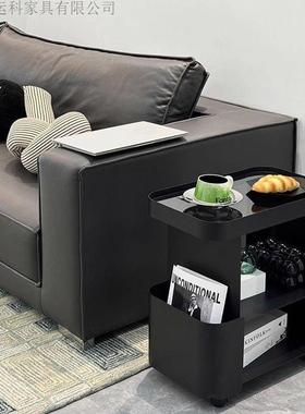 黑色沙发边几KKU可动小茶几客轻奢柜小推厅车铁艺移带轮玻璃床头