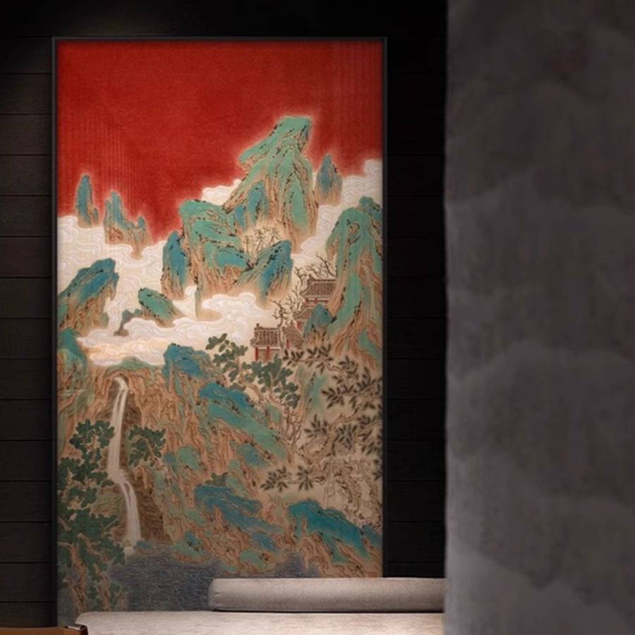 新中式大幅红色山水组合装饰画别墅酒店客厅茶室挂画民宿餐厅壁画图片