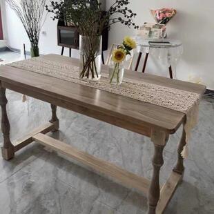 欧美式实木大餐桌原木桌长做方22咖啡桌古旧木桌复子罗马柱形支撑