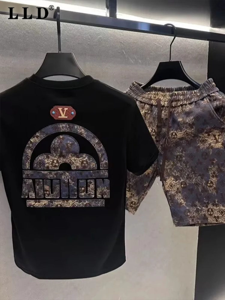 高端轻奢印花重工t恤套装男款夏季2025新款潮流半袖男士两件套装,男装,时尚套装,淘宝优惠券,粉丝福利购,淘宝优惠卷