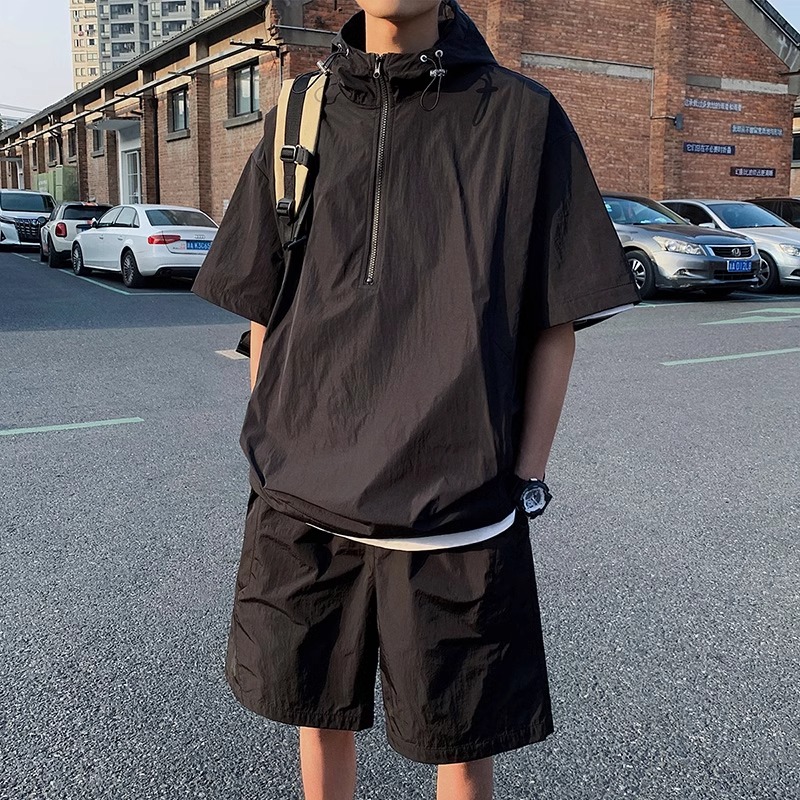 冰丝休闲套装男士夏季薄款休闲连帽速干防晒衣工装短袖短裤运动服