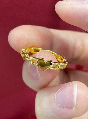 爱心心形镂空戒指 女纯银镀18K黄金色几何链条指环桃心简约礼物潮