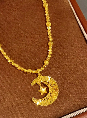 爆闪星月织梦月亮星星项链 女纯银镀18K黄金色蹦迪珠锁骨链高级潮