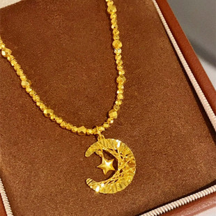 爆闪星月织梦月亮星星项链 女纯银镀18K黄金色蹦迪珠锁骨链高级潮