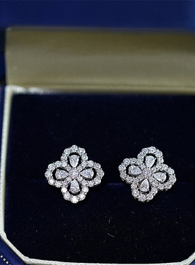 四叶草耳钉女纯银白金满钻幸运草花朵镂空耳环loop耳饰高级轻奢