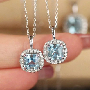 圣玛利亚方形海蓝宝项链女纯银满钻方块方糖锁骨链气质时尚简约潮