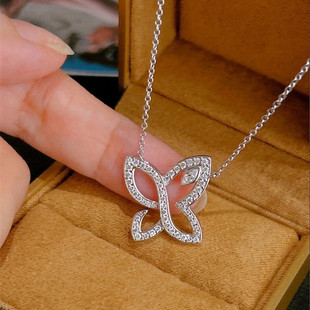 幻影Lliy四叶草项链 女纯银925白金满钻橄榄叶蝴蝶锁骨链气质名媛