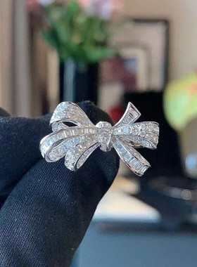 蝴蝶结戒指 女纯银白金满钻开口可调节 立体丝带指环精致时尚高级