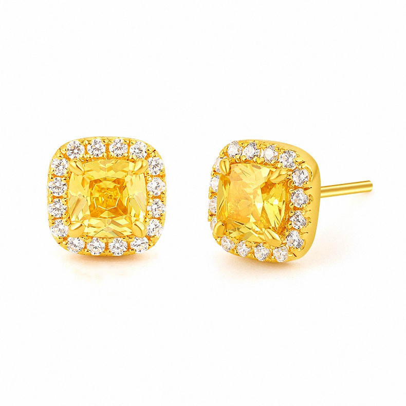 18k黄金色小方糖耳钉女纯银925镶钻方块方形爆闪耳环耳饰时尚精致