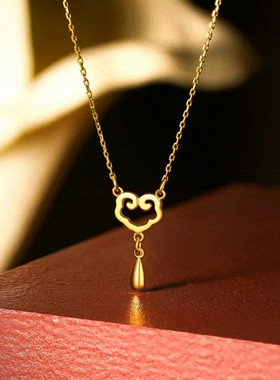 无极金如意项链 女纯银镀18K黄金色祥云水滴流苏锁骨链复古新中式