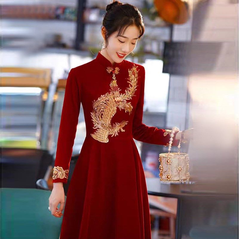 速发大码孕妇酒红色婚式改良旗袍敬酒服新娘高腰遮婚子结中礼服订