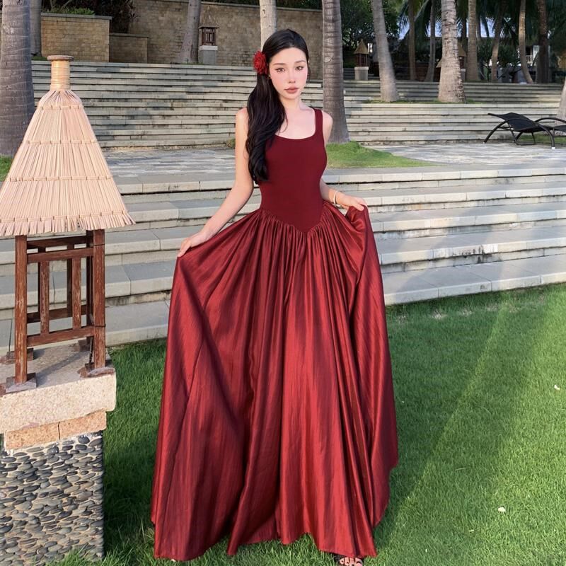 速发法式复古连衣裙红色长裙订婚裙结婚裙礼服裙收腰沙滩度假裙