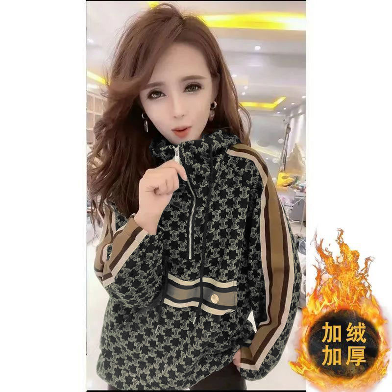 速发大码连帽卫袖2024春装新款宽松印花气洋外套长衣上衣