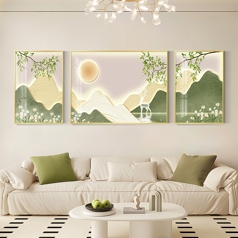速发奶油气客厅装饰画简约沙发背景墙挂画大风山水画联级感三高画