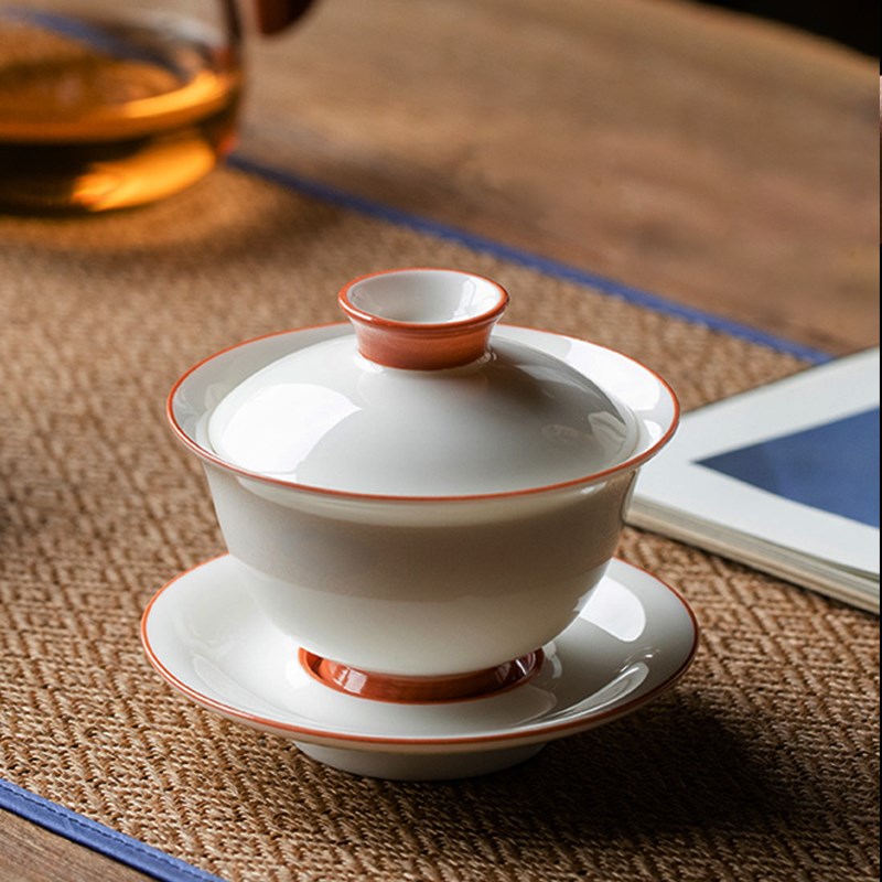 羊脂玉瓷三才盖碗茶杯o单个带盖高档白瓷紫金釉陶瓷泡茶碗功夫茶