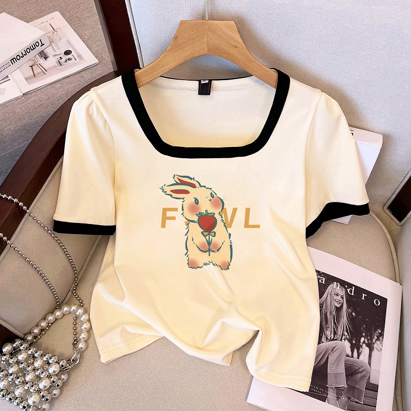 速发夏风领款短T恤大领口上衣潮慵懒方百搭撞色