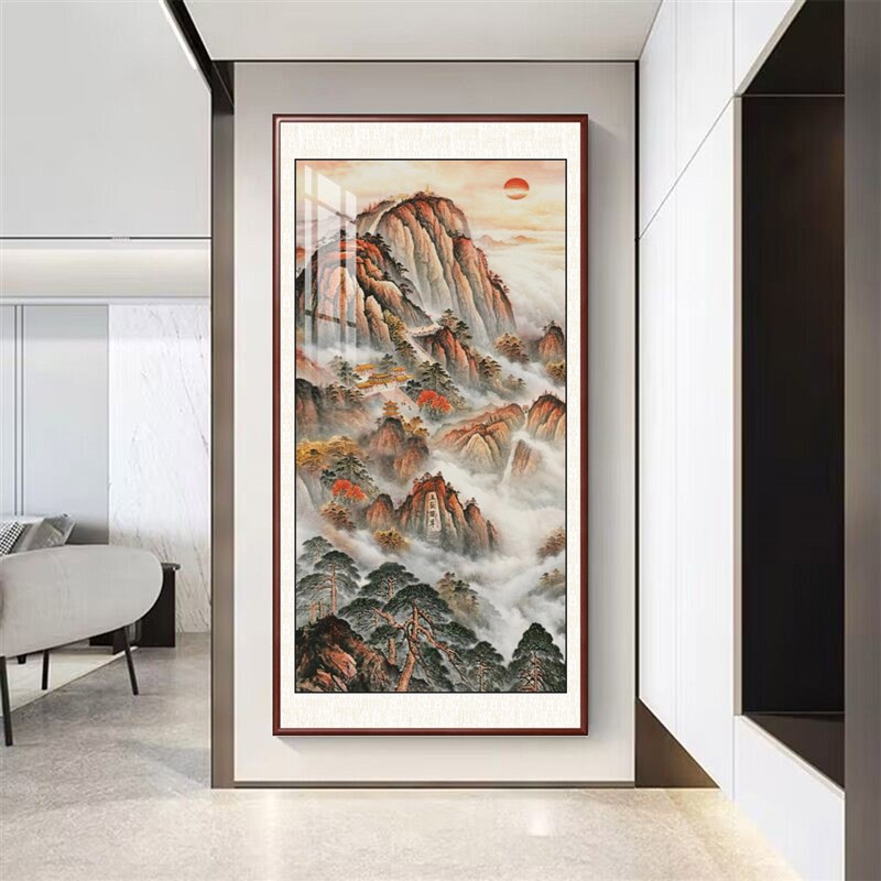 速发入新门中式尽关装饰画走廊过道玄头山水画竖版挂画鸿运当头墙
