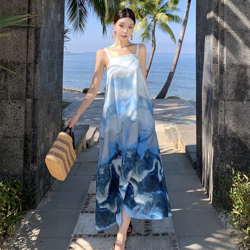 速发吊边风闲度假水墨休海带连衣裙夏季高级无袖露背宽松长裙子