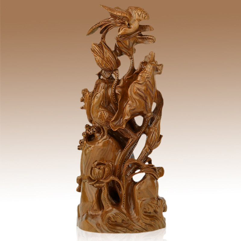 速发 红木工艺檀 绿雕刻摆件 木品木荷花双鸟 商务生日礼品