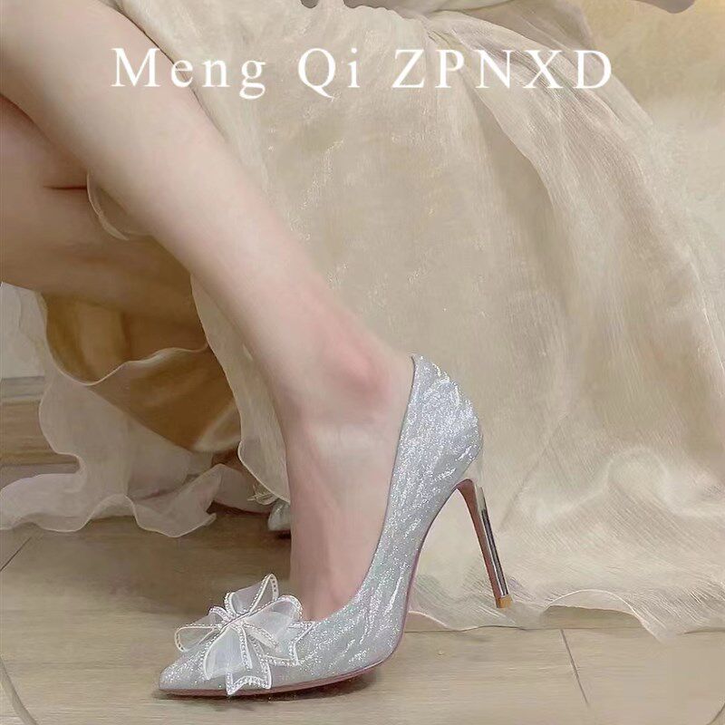 速发法式水晶细2024新单银色婚鞋18岁成年礼水钻蝴蝶结高跟鞋鞋跟