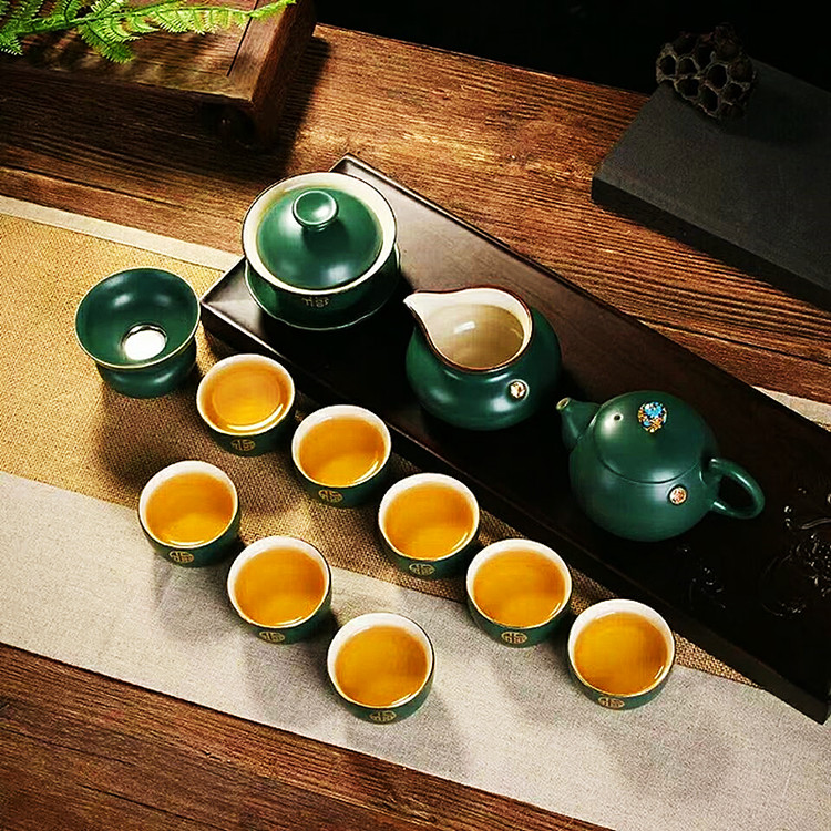 速发唐月窑孔雀绿整套茶具家用客厅羊脂玉中式功夫茶杯盖碗亚光釉