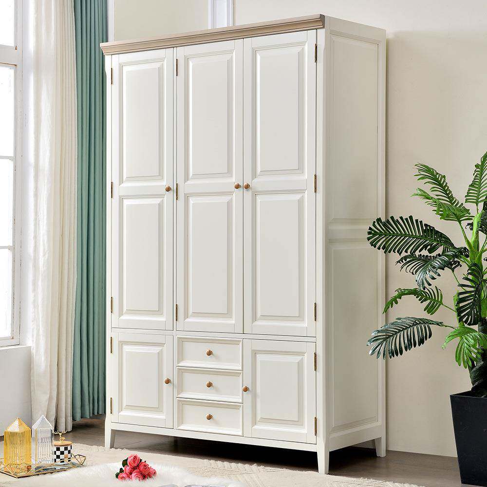 美式白色奶油风实木衣柜三门四门家用卧室全核桃木小户型成品衣橱