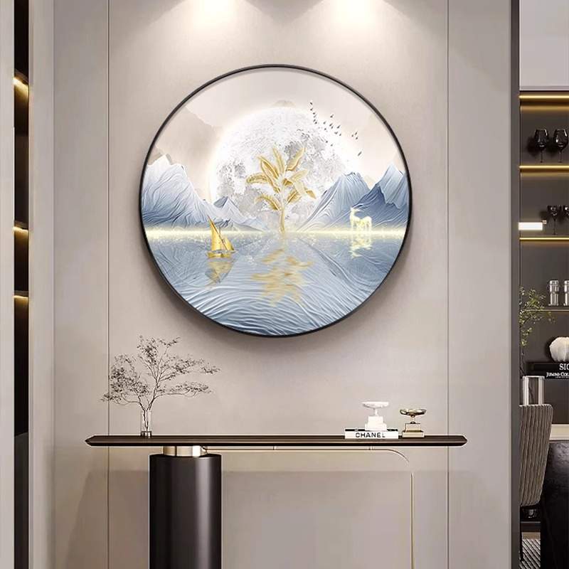 圆形山水挂画客厅装饰画喷绘现代油画布轻奢玄关油画铝合金高级感图片