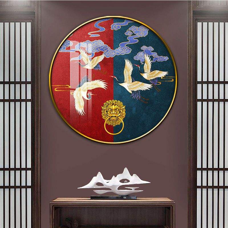 新中式圆形装饰画玄关走廊过道仙鹤图中式挂画客厅国潮中国风壁画图片