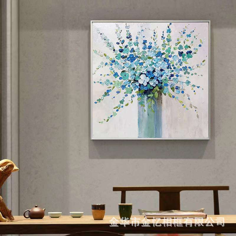 纯手绘粉红蓝色调餐厅花卉装饰画立体唯美式艺术油画女孩卧室挂画图片
