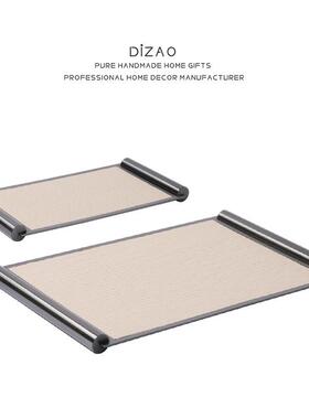 轻奢现代厅创盘意不锈钢革托盘样板间客装BZQ饰收纳盘简约皮软装