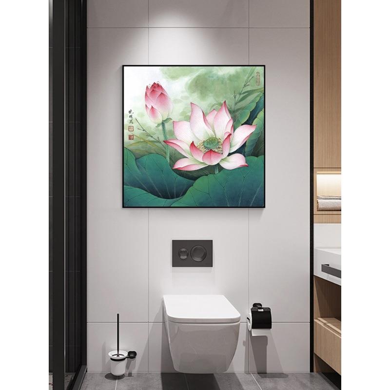 荷花图装饰画正方形挂画新中式客厅餐厅书房莲花卫生间净秽图壁画图片