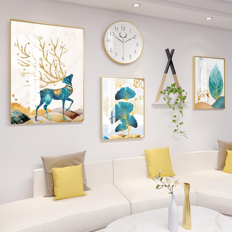 新中式客厅框沙发墙面装饰画置物架组合发财鹿挂画卧室画框饰品