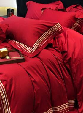 轻奢套长绒边条刺绣LLA四件婚全棉喜庆红色庆陪嫁棉被套床单